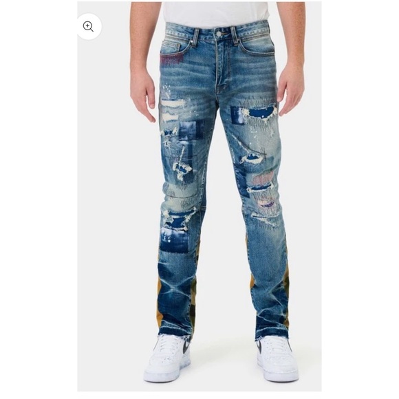 FIRST ROW Heavy Rip & Repair Slim Straight Denim 34/32 A8